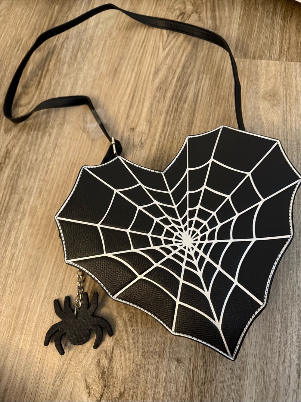 MAD Engine Black Crossbody Bag with White Spiderweb and Spider Charm